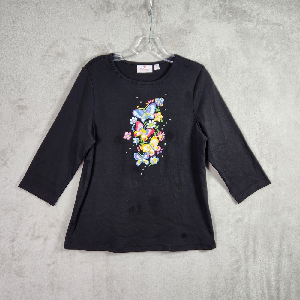 Quacker Factory Top Women Small Black Butterfly Bouquet Motif 3/4 Sleeve A596357